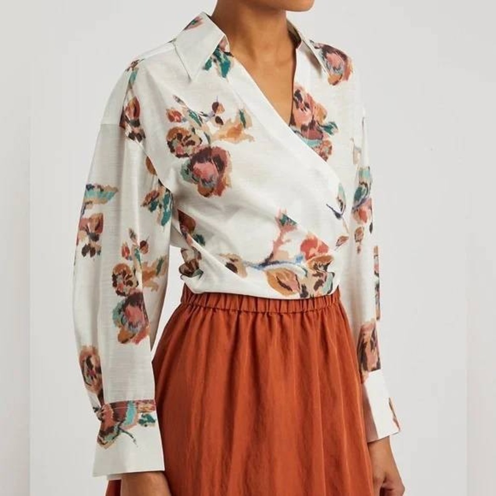 Vince Long Sleeve Floral Wrap Crop Blouse Medium Luxury Summer Resort Beach